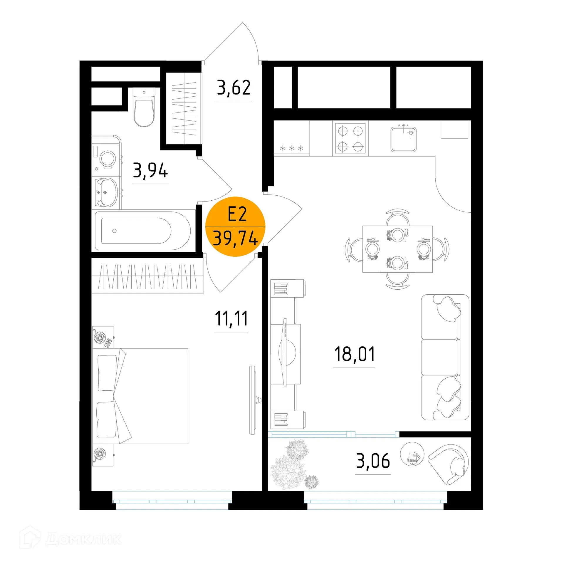 Планировка 1-комнатной квартиры 39.74 м² в ЖК Смарт Квартал ЦЕНТРАЛЬНЫЙ, г. Рязань — фото 1