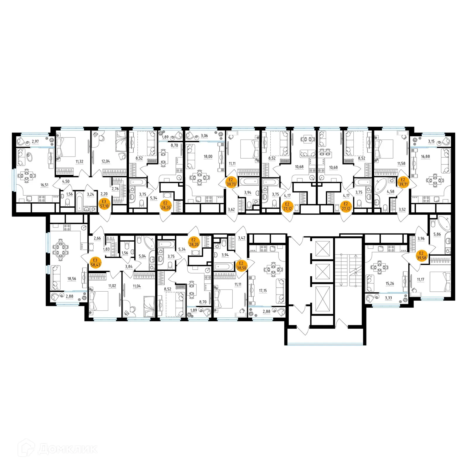 Планировка 2-комнатной квартиры 58.43 м² в ЖК Смарт Квартал ЦЕНТРАЛЬНЫЙ, г. Рязань — фото 2