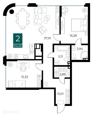 Планировка 2-комнатной квартиры 94.46 м² в ЖК Арт-кварталы, г. Рязань — фото 1