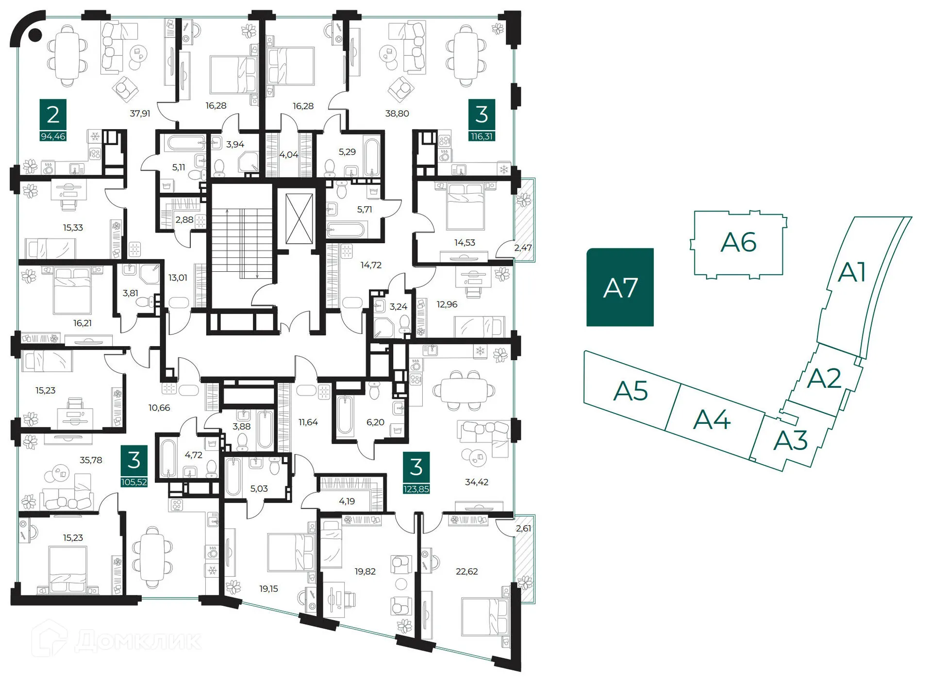 Планировка 2-комнатной квартиры 94.46 м² в ЖК Арт-кварталы, г. Рязань — фото 2