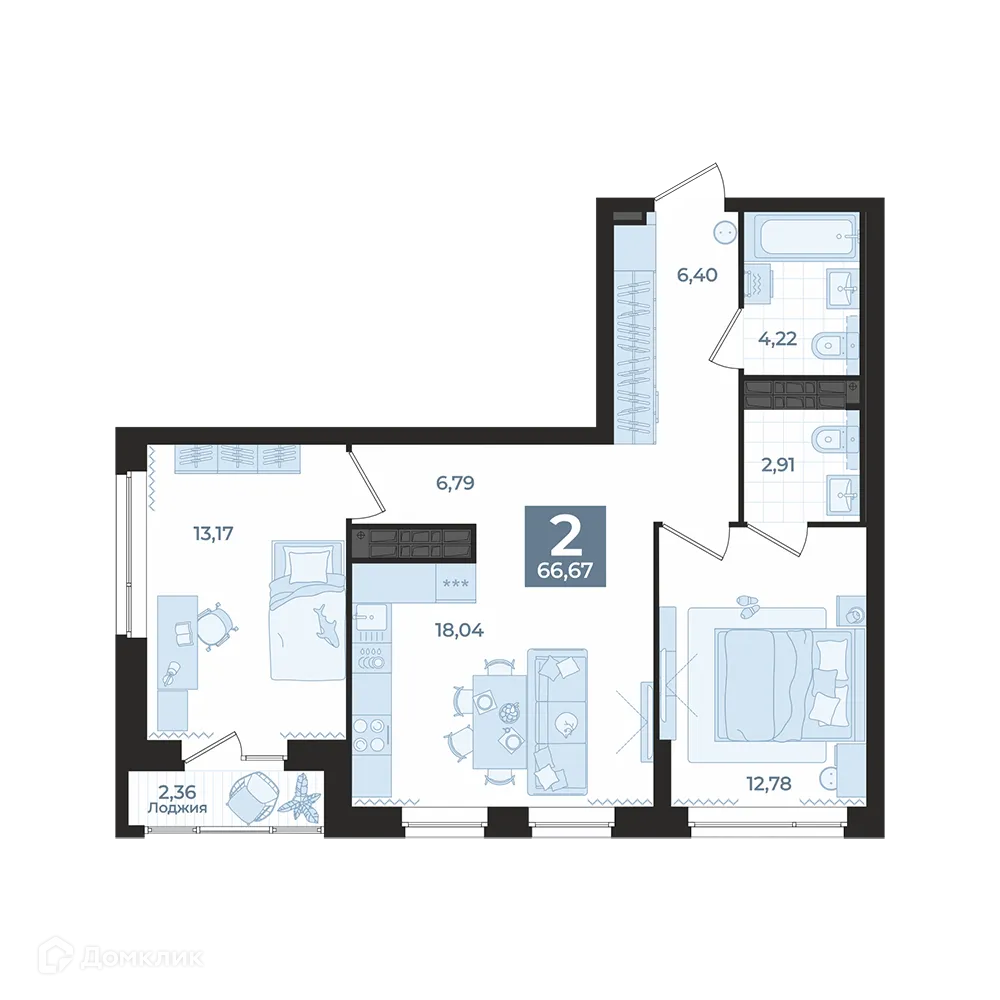 Планировка 2-комнатной квартиры 66.67 м² в ЖК "REPIN TOWERS (Репин Тауэрс)", г. Екатеринбург — фото 1
