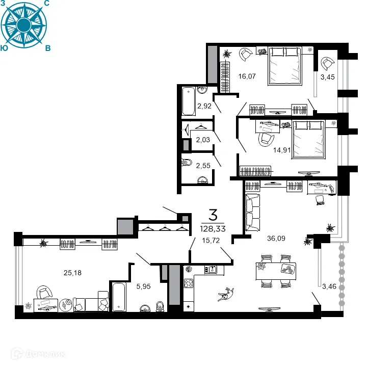 Планировка 3-комнатной квартиры 128.33 м² в ЖК ВЕГА, г. Рязань — фото 1