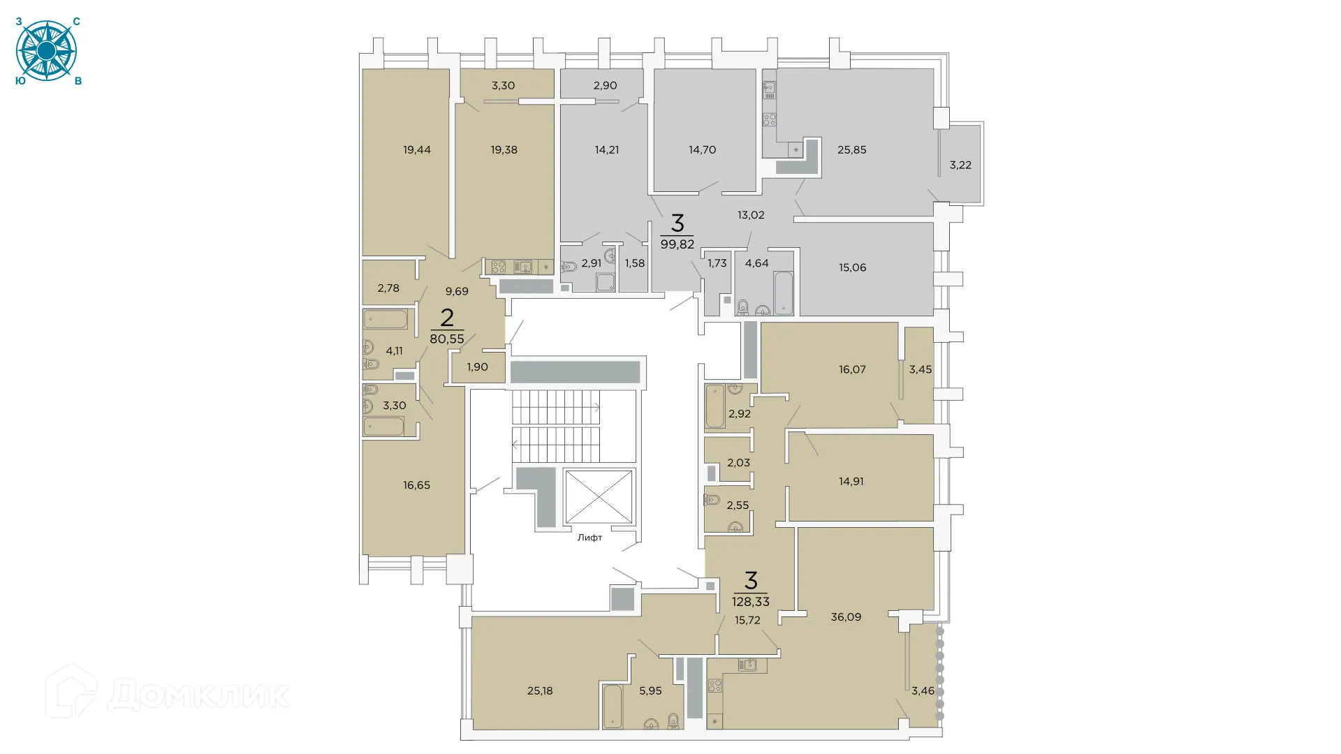 Планировка 3-комнатной квартиры 128.33 м² в ЖК ВЕГА, г. Рязань — фото 3