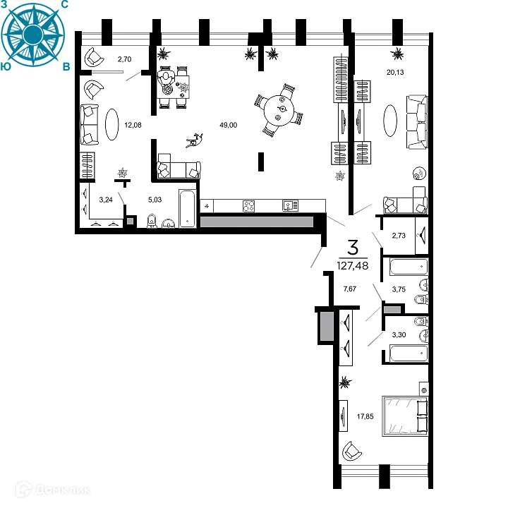 Планировка 3-комнатной квартиры 127.48 м² в ЖК ВЕГА, г. Рязань — фото 1