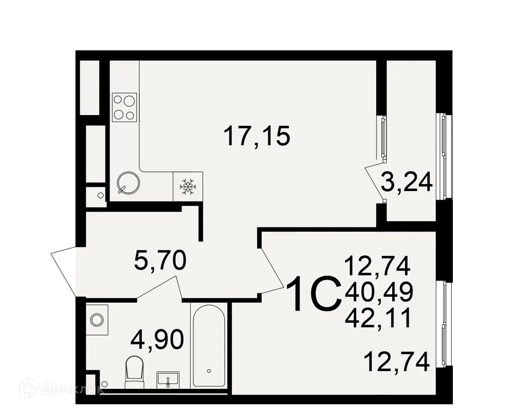 Планировка 1-комнатной квартиры 42.11 м² в Импульс, г. Рязань — фото 1