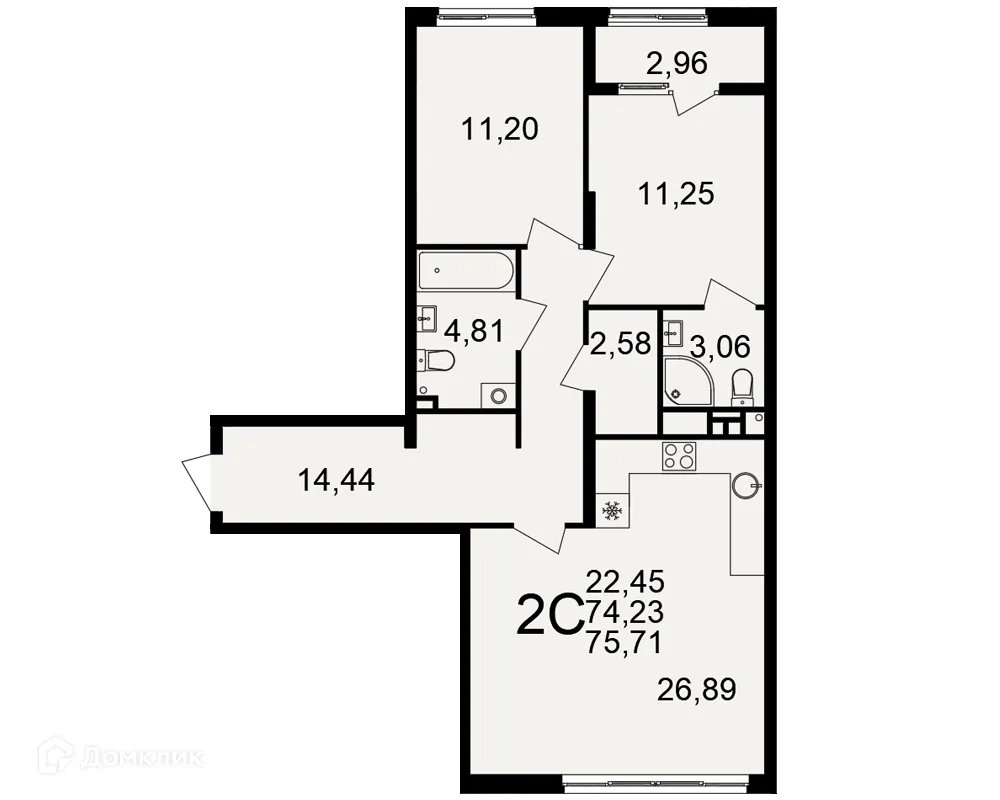 Планировка 2-комнатной квартиры 75.71 м² в Импульс, г. Рязань — фото 1