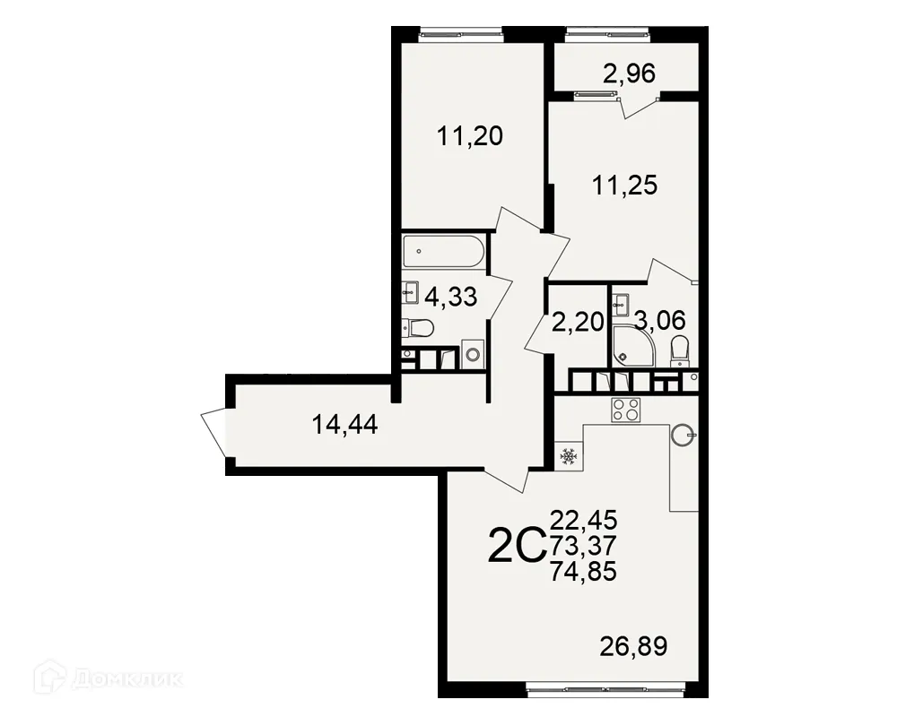Планировка 2-комнатной квартиры 74.85 м² в Импульс, г. Рязань — фото 1