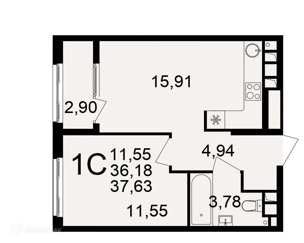Планировка 1-комнатной квартиры 37.63 м² в Импульс, г. Рязань — фото 1