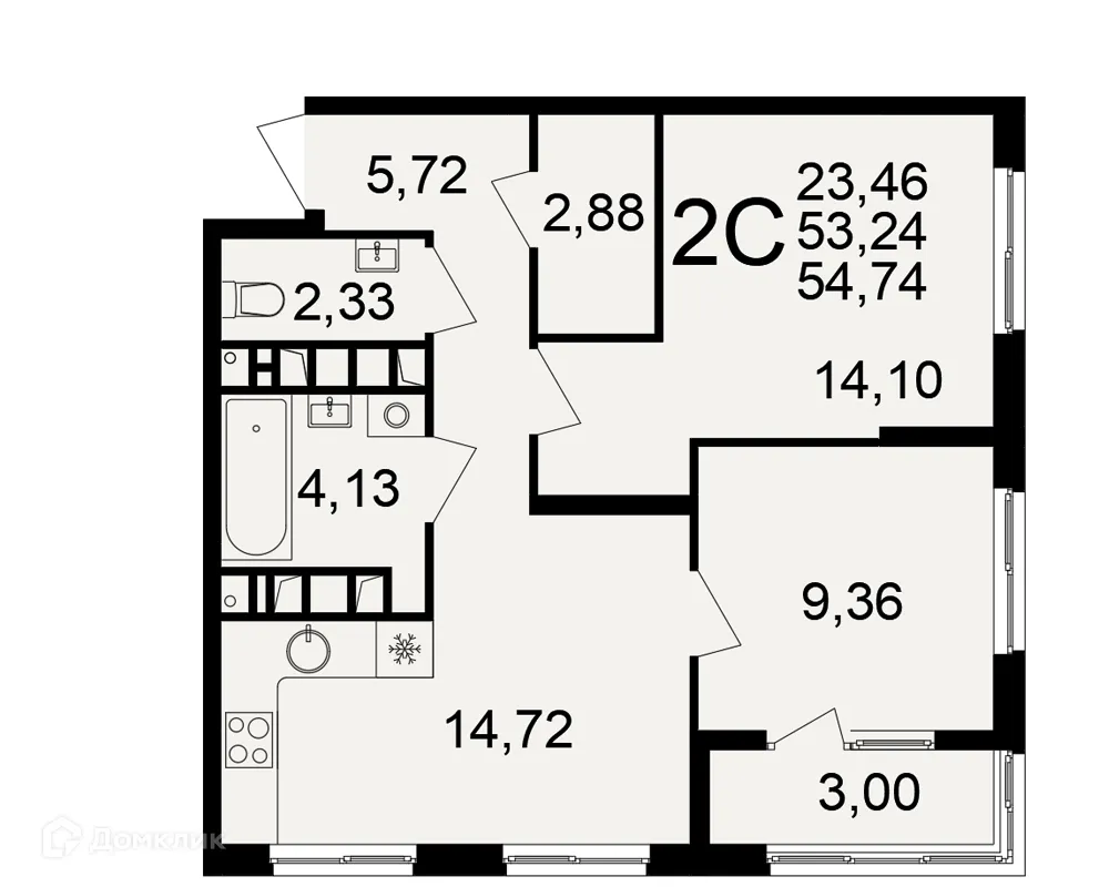 Планировка 2-комнатной квартиры 54.74 м² в Импульс, г. Рязань — фото 1