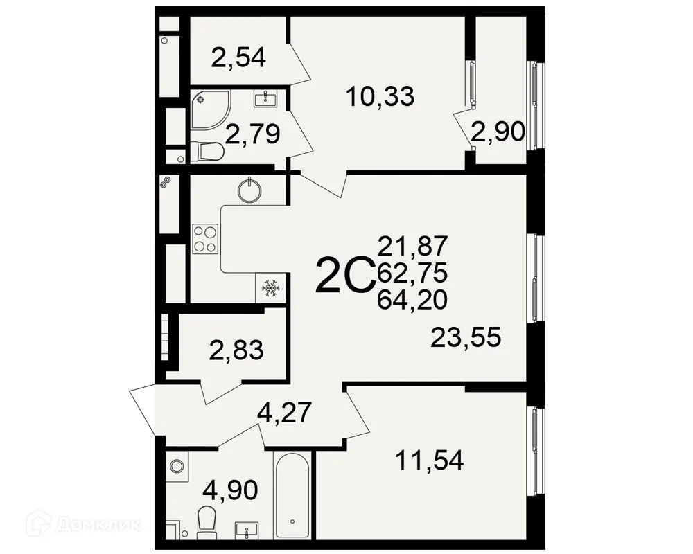 Планировка 2-комнатной квартиры 64.2 м² в Импульс, г. Рязань — фото 1