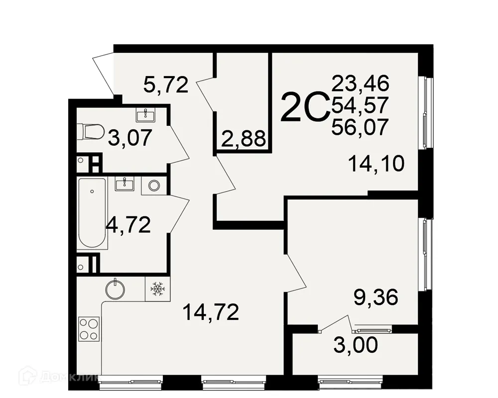 Планировка 2-комнатной квартиры 56.07 м² в Импульс, г. Рязань — фото 1