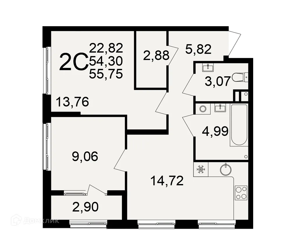 Планировка 2-комнатной квартиры 55.75 м² в Импульс, г. Рязань — фото 1