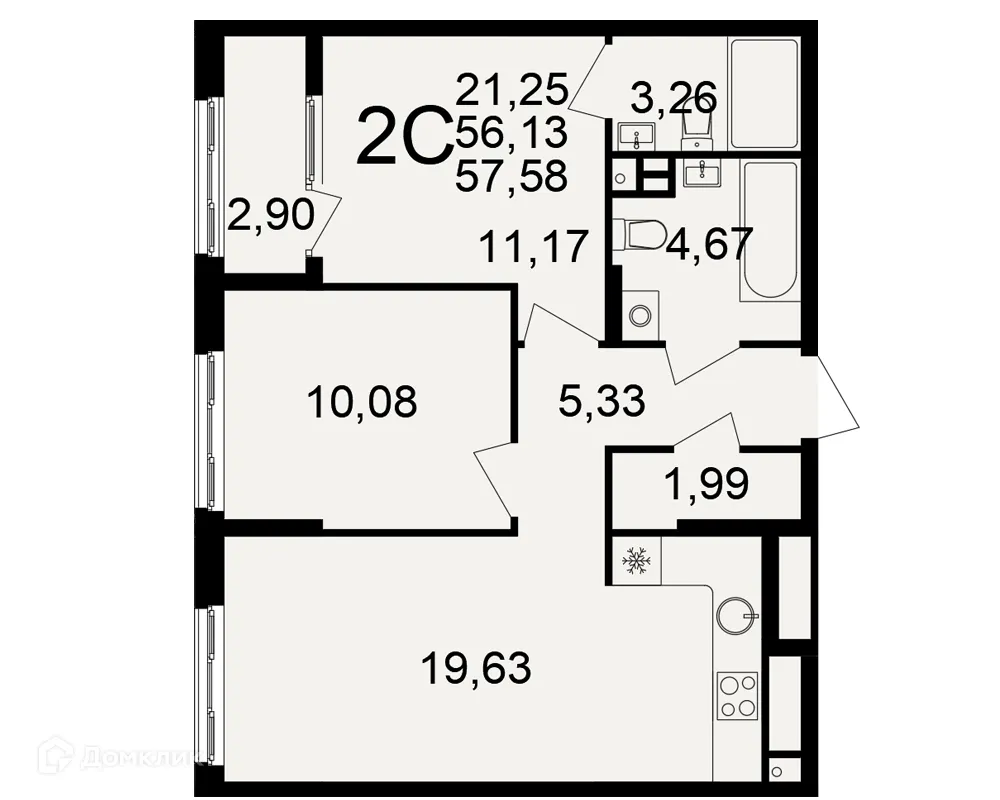 Планировка 2-комнатной квартиры 57.58 м² в Импульс, г. Рязань — фото 1