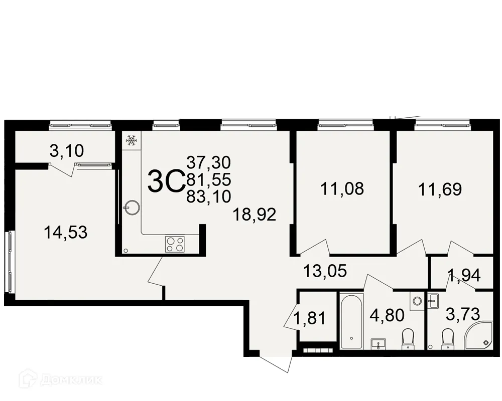 Планировка 3-комнатной квартиры 83.1 м² в Импульс, г. Рязань — фото 1