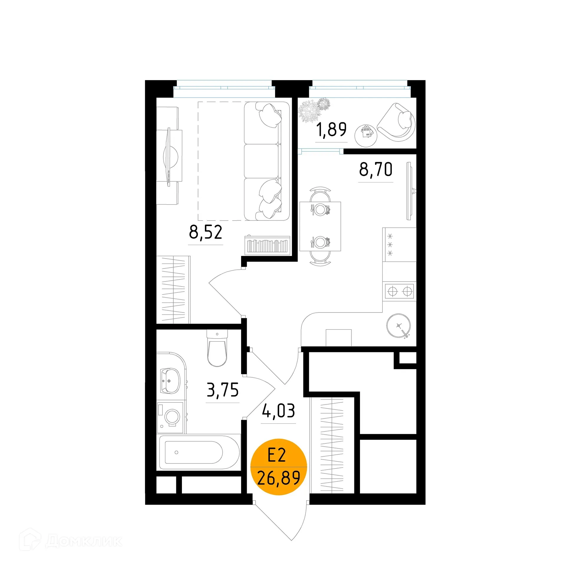 Планировка 1-комнатной квартиры 26.89 м² в ЖК Смарт Квартал ЦЕНТРАЛЬНЫЙ, г. Рязань — фото 1