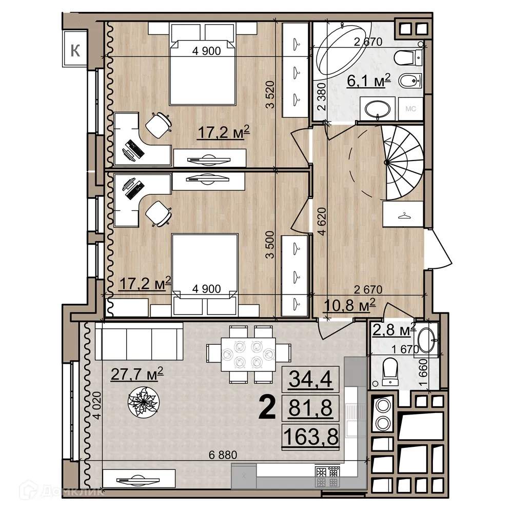 Планировка 2-комнатной квартиры 163.8 м² в ЖК Pride Park (Прайд Парк), г. Рязань — фото 1