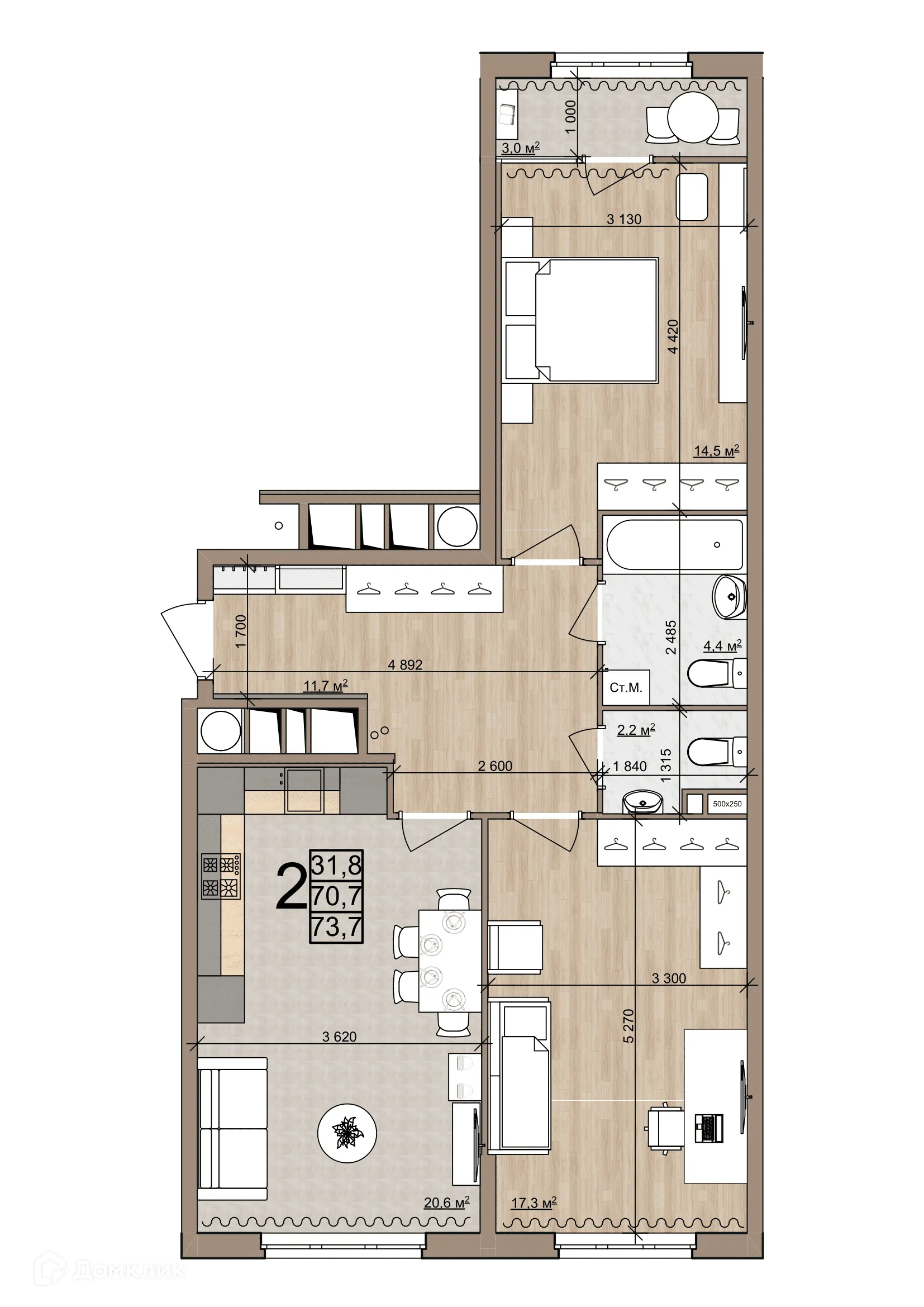 Планировка 2-комнатной квартиры 73.7 м² в ЖК Еврокласс-4, г. Рязань — фото 1