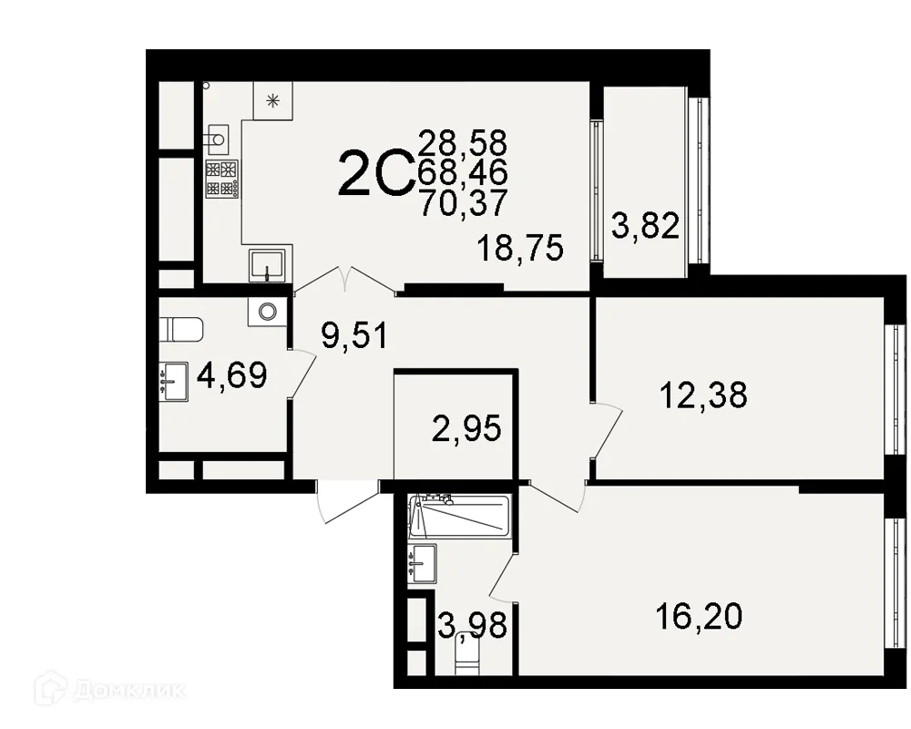 Планировка 2-комнатной квартиры 70.37 м² в ЖК "Открытие", г. Рязань — фото 1