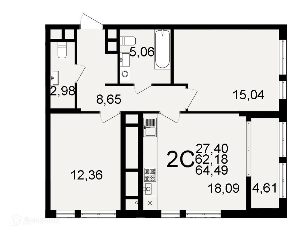 Планировка 2-комнатной квартиры 64.49 м² в ЖК "Открытие", г. Рязань — фото 1