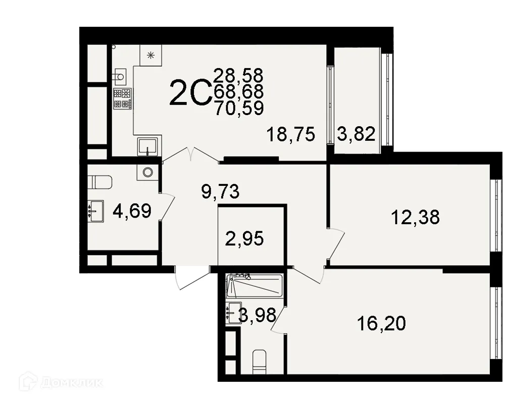 Планировка 2-комнатной квартиры 70.59 м² в ЖК "Открытие", г. Рязань — фото 1