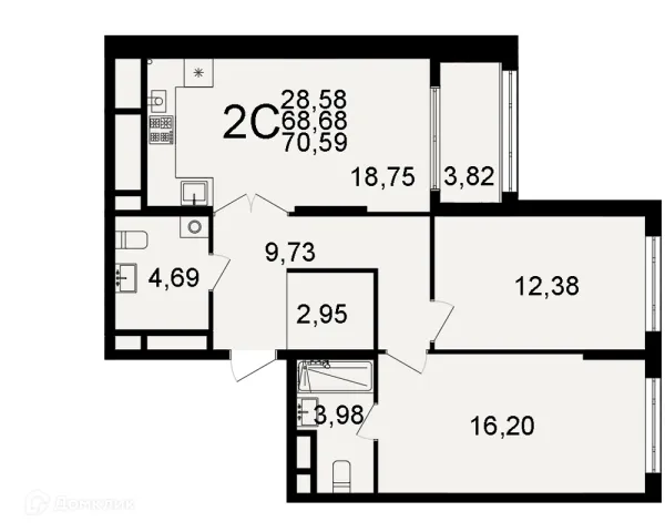 Планировка 2 комн. в ЖК "Открытие"