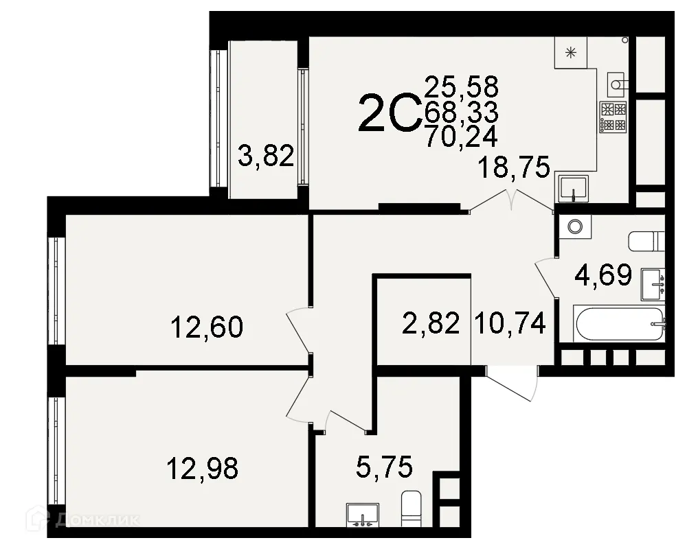 Планировка 2-комнатной квартиры 70.24 м² в ЖК "Открытие", г. Рязань — фото 1