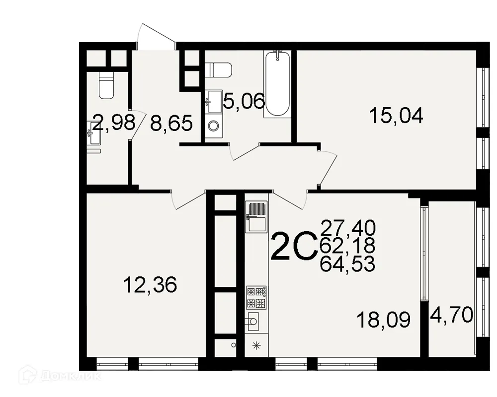 Планировка 2-комнатной квартиры 64.53 м² в ЖК "Открытие", г. Рязань — фото 1