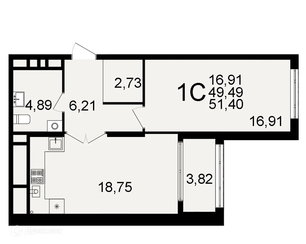 Планировка 1-комнатной квартиры 51.4 м² в ЖК "Открытие", г. Рязань — фото 1