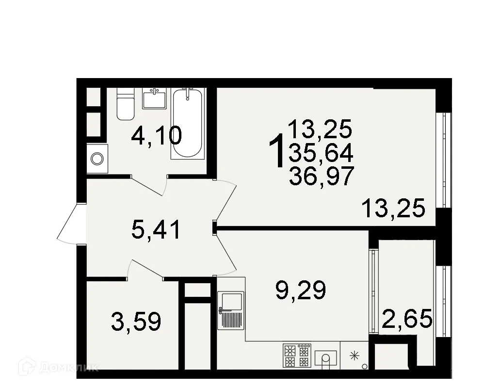 Планировка 1-комнатной квартиры 36.97 м² в ЖК "Открытие", г. Рязань — фото 1
