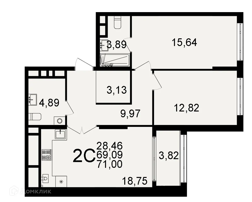 Планировка 2-комнатной квартиры 71 м² в ЖК "Открытие", г. Рязань — фото 1