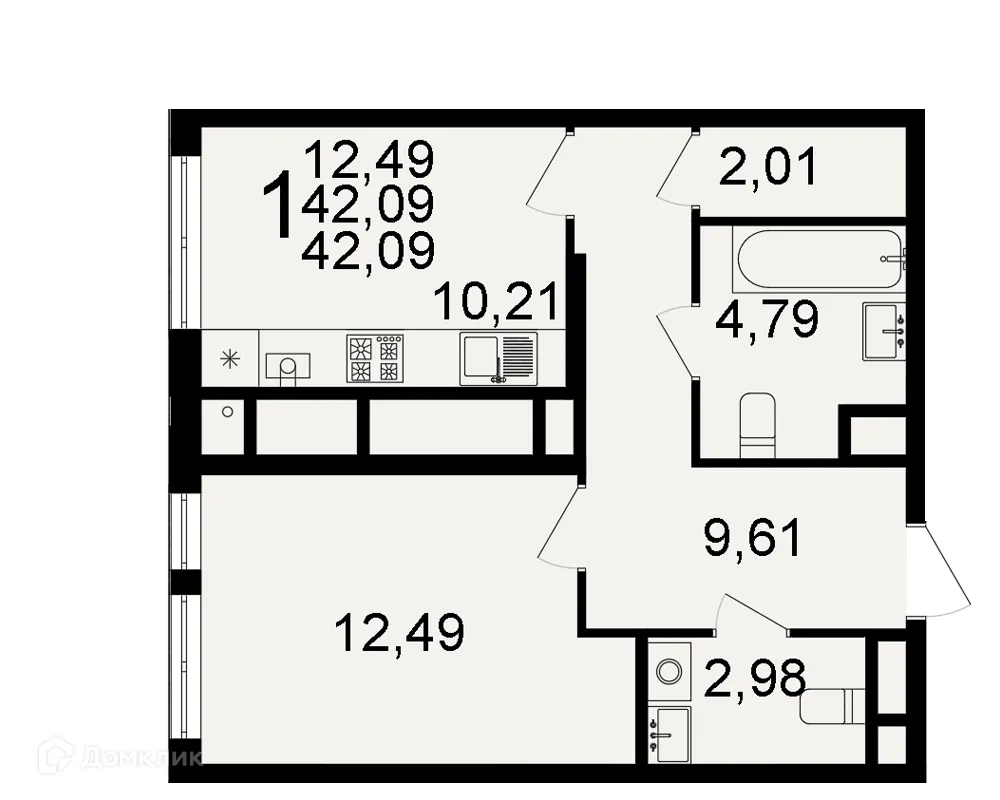 Планировка 1-комнатной квартиры 42.09 м² в ЖК "Открытие", г. Рязань — фото 1