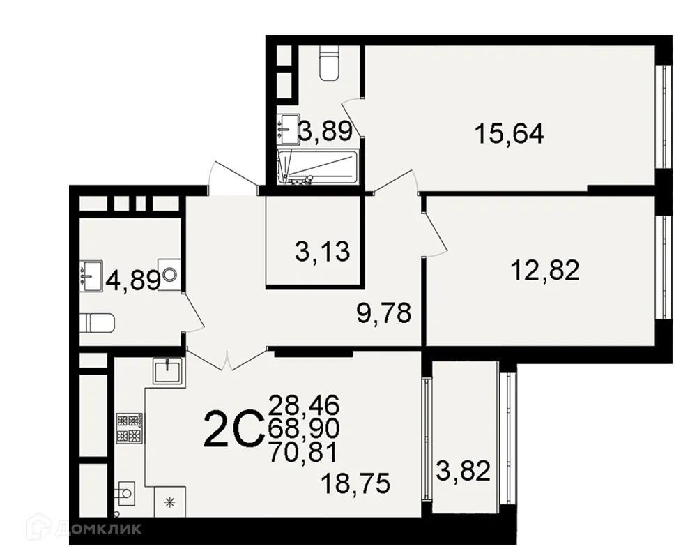 Планировка 2-комнатной квартиры 70.81 м² в ЖК "Открытие", г. Рязань — фото 1