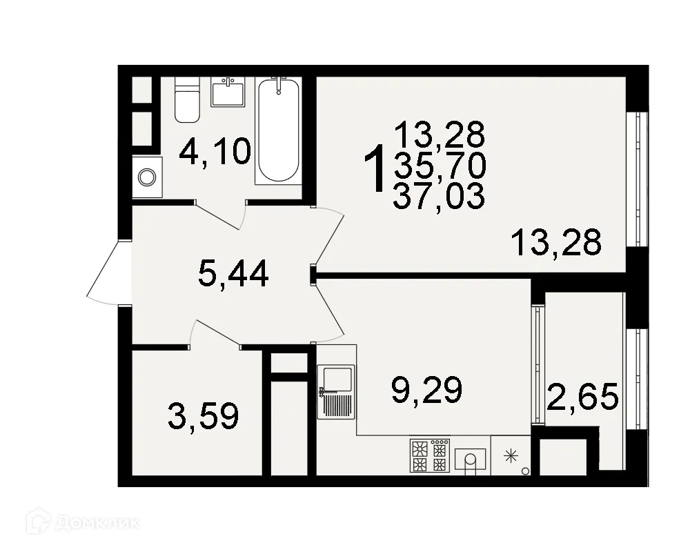 Планировка 1-комнатной квартиры 37.03 м² в ЖК "Открытие", г. Рязань — фото 1