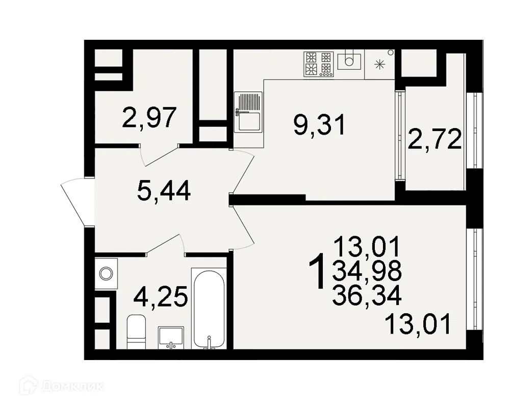 Планировка 1-комнатной квартиры 36.34 м² в ЖК "Открытие", г. Рязань — фото 1