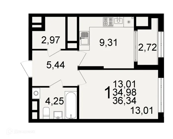 Планировка 1 комн. в ЖК "Открытие"