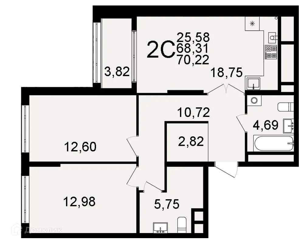 Планировка 2-комнатной квартиры 70.22 м² в ЖК "Открытие", г. Рязань — фото 1