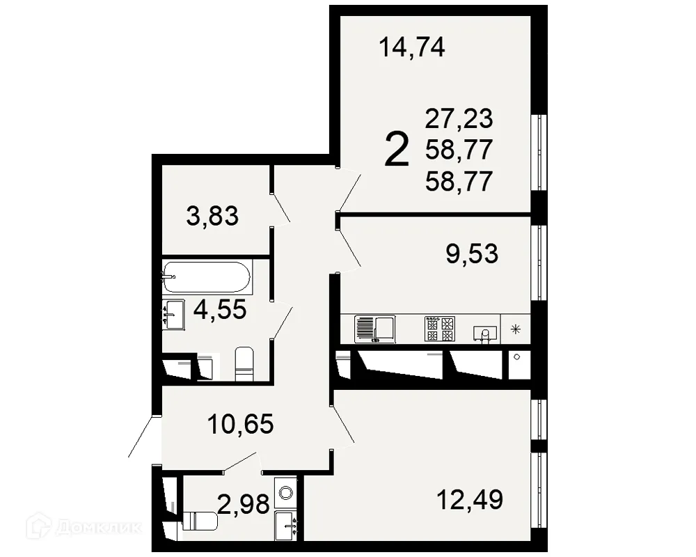 Планировка 2-комнатной квартиры 58.77 м² в ЖК "Открытие", г. Рязань — фото 1