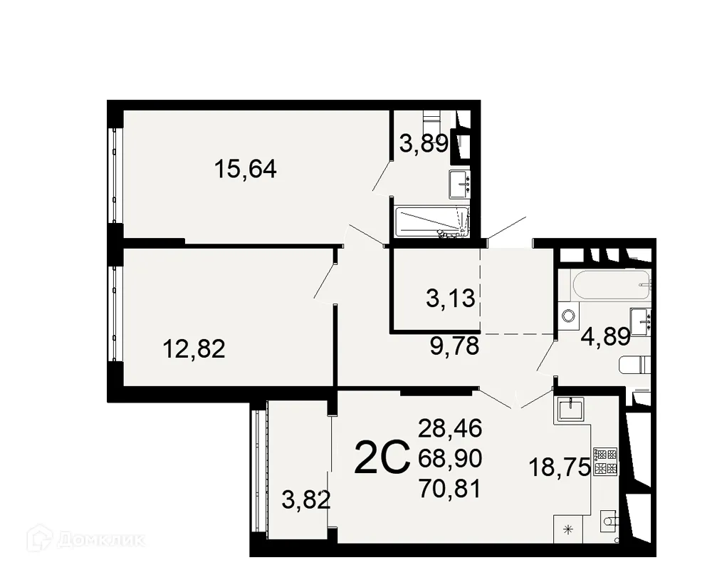 Планировка 2-комнатной квартиры 70.81 м² в ЖК "Открытие", г. Рязань — фото 1