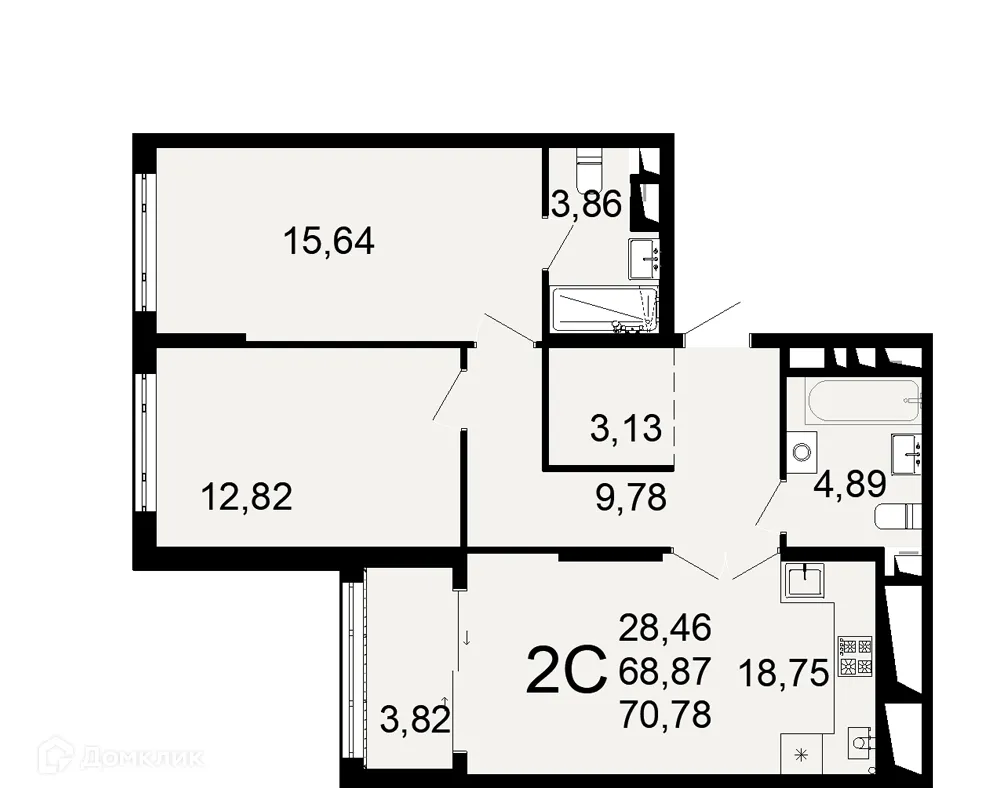Планировка 2-комнатной квартиры 70.78 м² в ЖК "Открытие", г. Рязань — фото 1