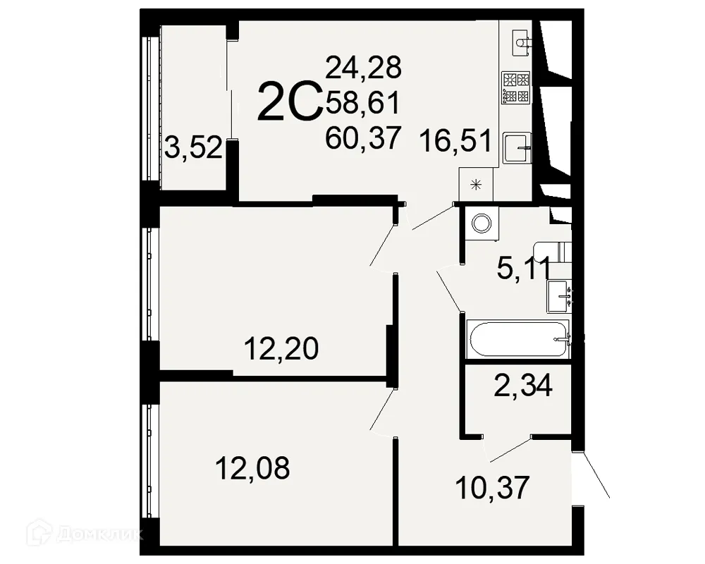 Планировка 2-комнатной квартиры 60.37 м² в ЖК "Открытие", г. Рязань — фото 1