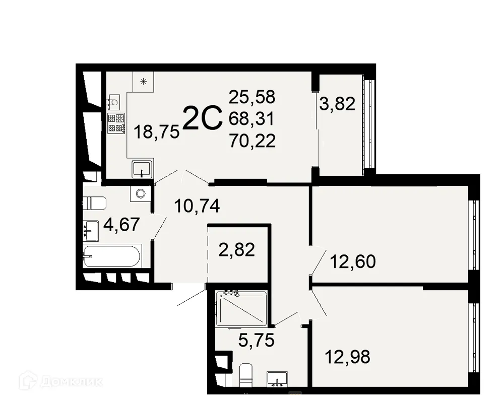 Планировка 2-комнатной квартиры 70.22 м² в ЖК "Открытие", г. Рязань — фото 1