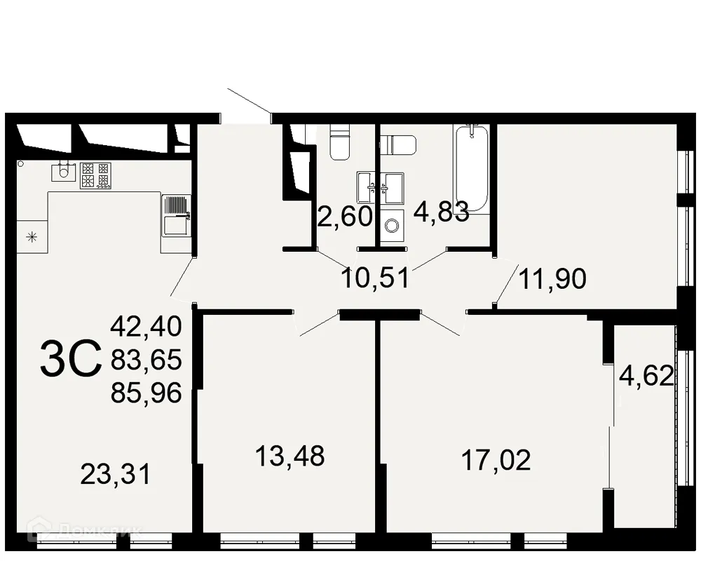 Планировка 3-комнатной квартиры 85.96 м² в ЖК "Открытие", г. Рязань — фото 1