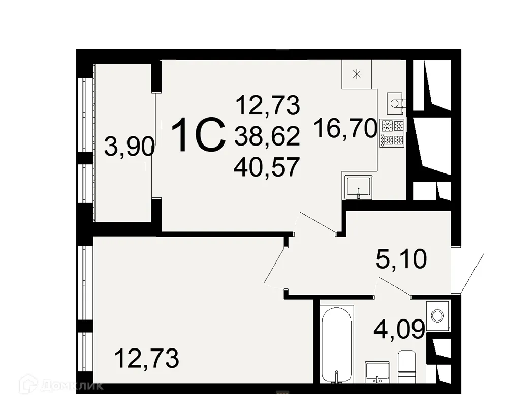 Планировка 1-комнатной квартиры 40.57 м² в ЖК "Открытие", г. Рязань — фото 1