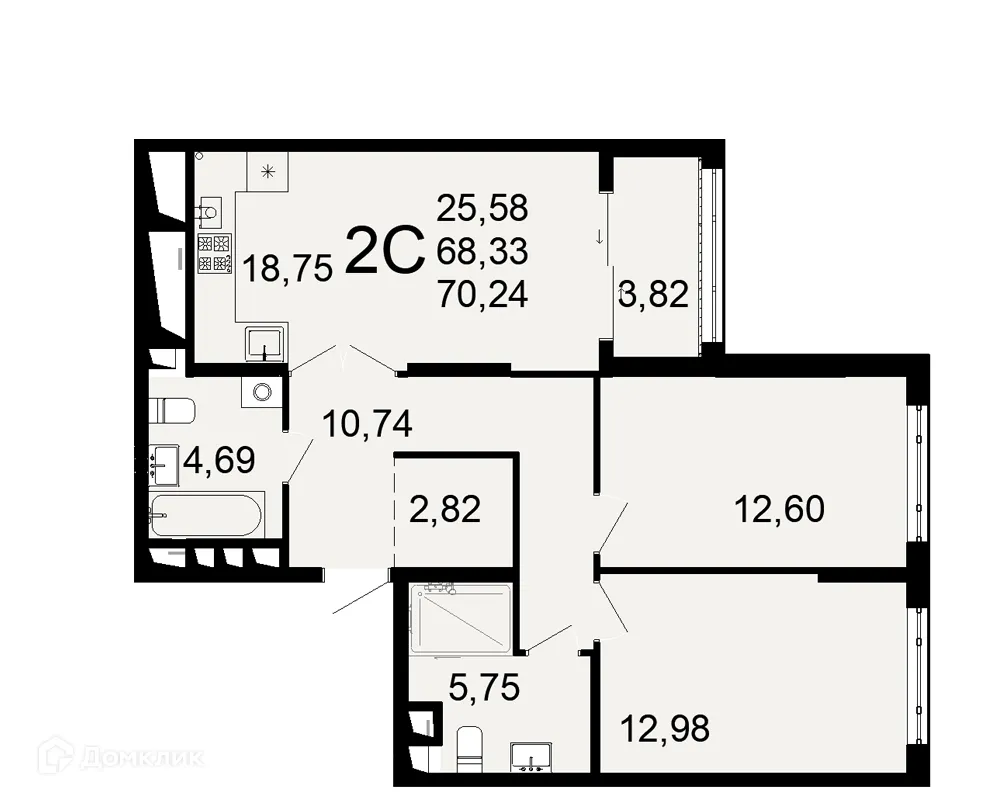 Планировка 2-комнатной квартиры 70.24 м² в ЖК "Открытие", г. Рязань — фото 1