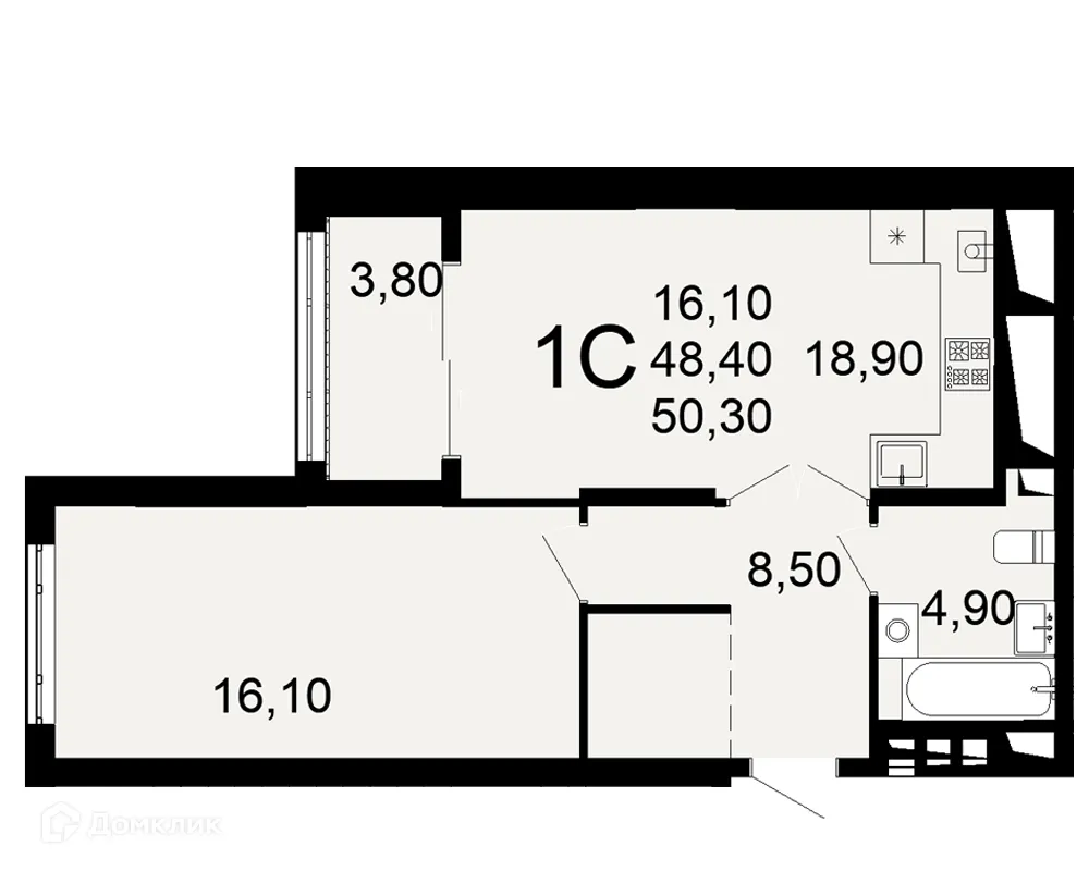 Планировка 1-комнатной квартиры 50.3 м² в ЖК "Открытие", г. Рязань — фото 1