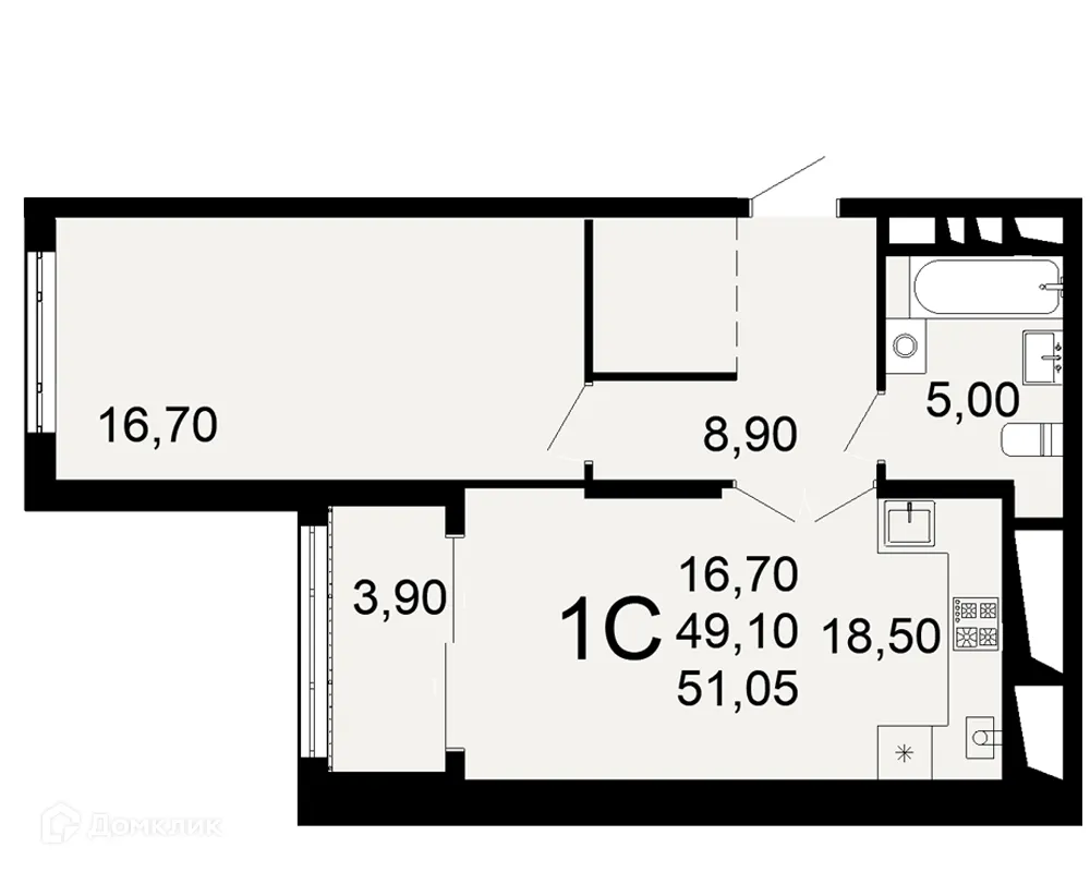 Планировка 1-комнатной квартиры 51.05 м² в ЖК "Открытие", г. Рязань — фото 1