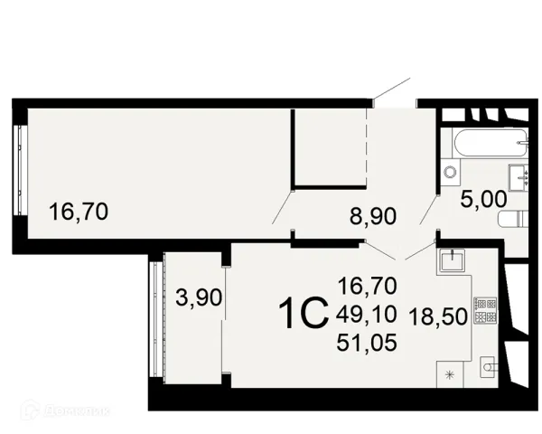 Планировка 1 комн. в ЖК "Открытие"