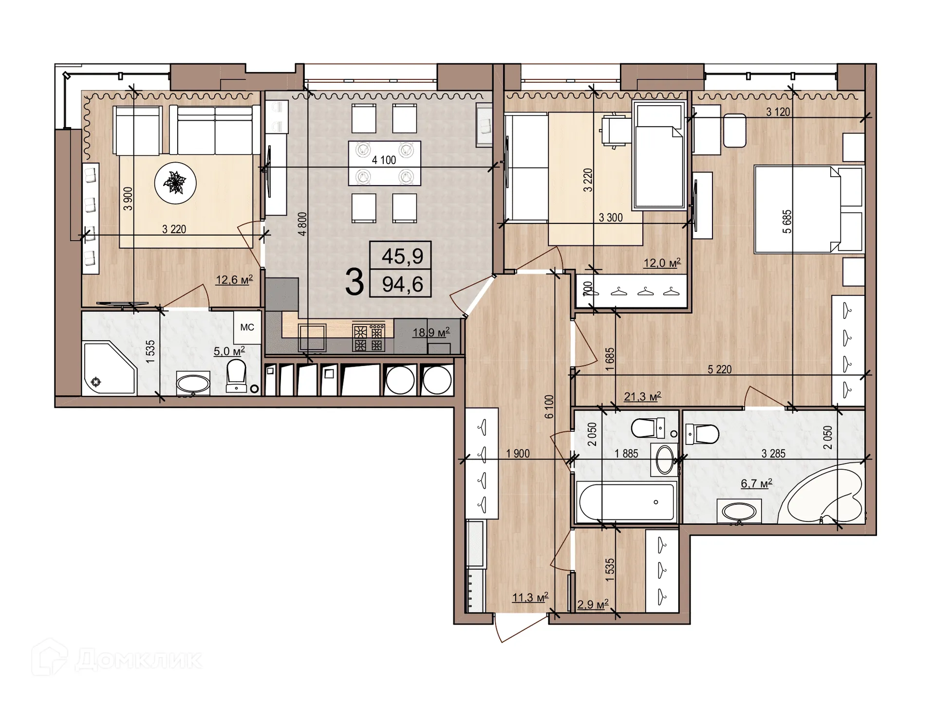 Планировка 3-комнатной квартиры 94.6 м² в ЖК iTower (айТауэр), г. Рязань — фото 1