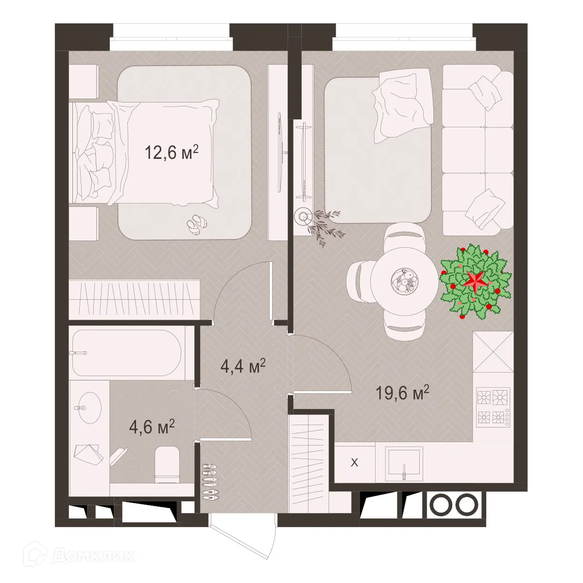 Планировка 1-комнатной квартиры 41.2 м² в ЖК Окская стрелка, г. Рязань — фото 1