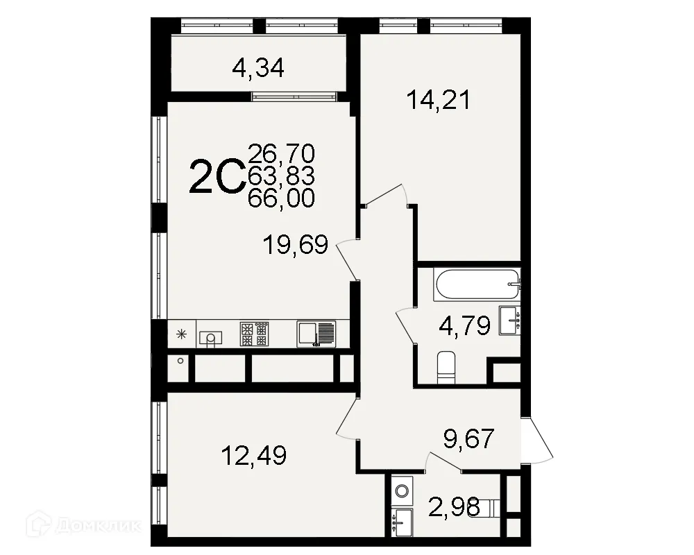 Планировка 2-комнатной квартиры 66 м² в ЖК "Открытие", г. Рязань — фото 1